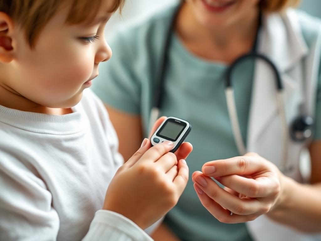 Niño realizando una medición de glucosa con un glucómetro acompañado por un profesional de la salud