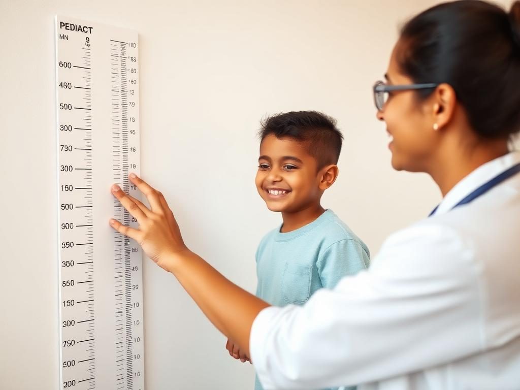 Pediatra midiendo la estatura de un niño sonriente junto a un tallímetro