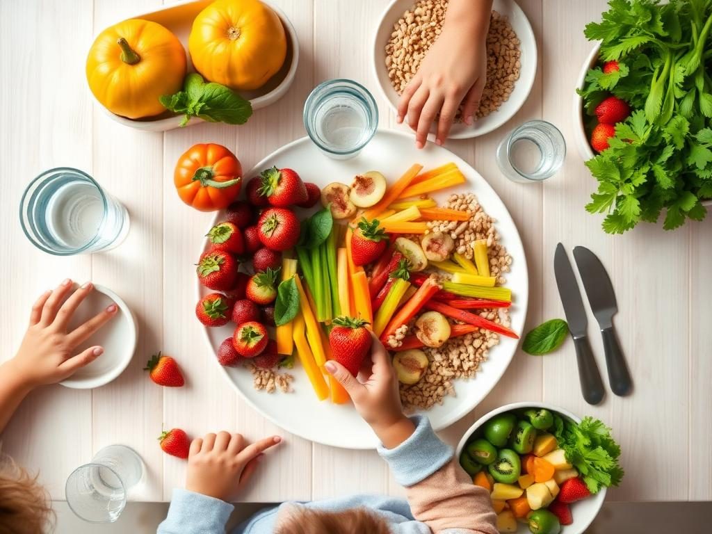 Mesa familiar con frutas, vegetales frescos y granos integrales