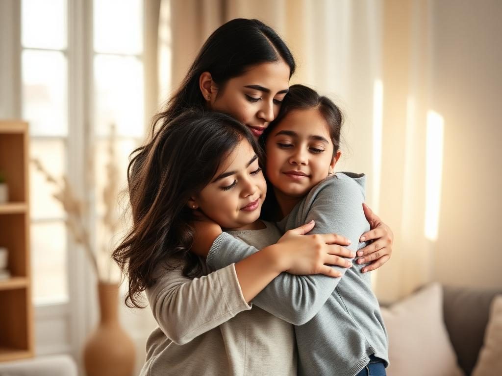 Madre abrazando con cariño a su hija preadolescente en casa